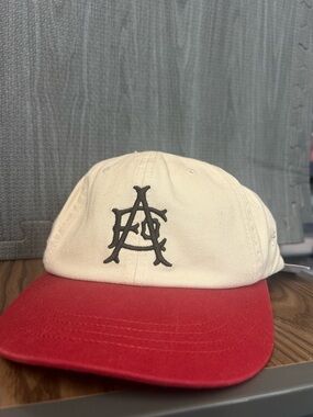 NWT AE Embroidered Two-Tone Baseball Cap - Cream Crown Red Brim